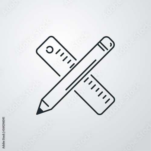 Concepto material de dibujo. Icono plano lineal regla y lapiz cruzados en fondo gris