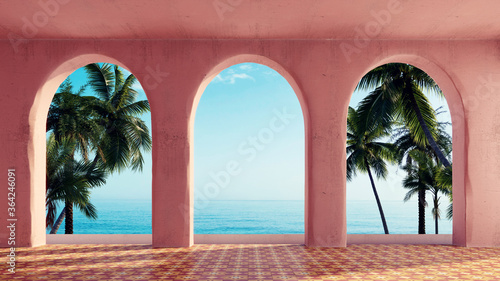 palm trees and ocean view through the pastel pink arches with columns  surreal architecture concept  3D Illustration
