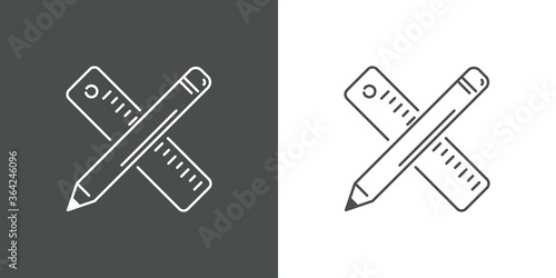 Concepto material de dibujo. Icono plano lineal regla y lapiz cruzados en fondo gris y fondo blanco