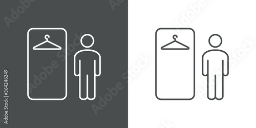 Concepto guardarropa. Icono plano lineal armario con percha y silueta de hombre en fondo gris y fondo blanco