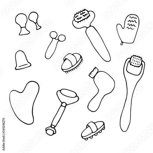 Massage accessories. Roller, brush, jar for massage of face and body. Set of spa accessories tools and supplies for cosmetology procedure. Hand drawn linear vector elements