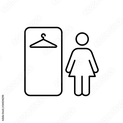 Concepto guardarropa. Icono plano lineal armario con percha y silueta de mujer en color negro
