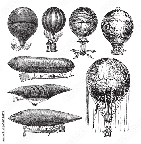Old airship, air balloon and zeppelin collection - vintage vector illustration from Petit Larousse Illustré 1914	
