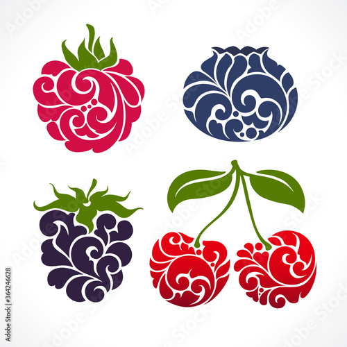 Emblem raspberries, blueberries, blackberries, cherries color vector illustration