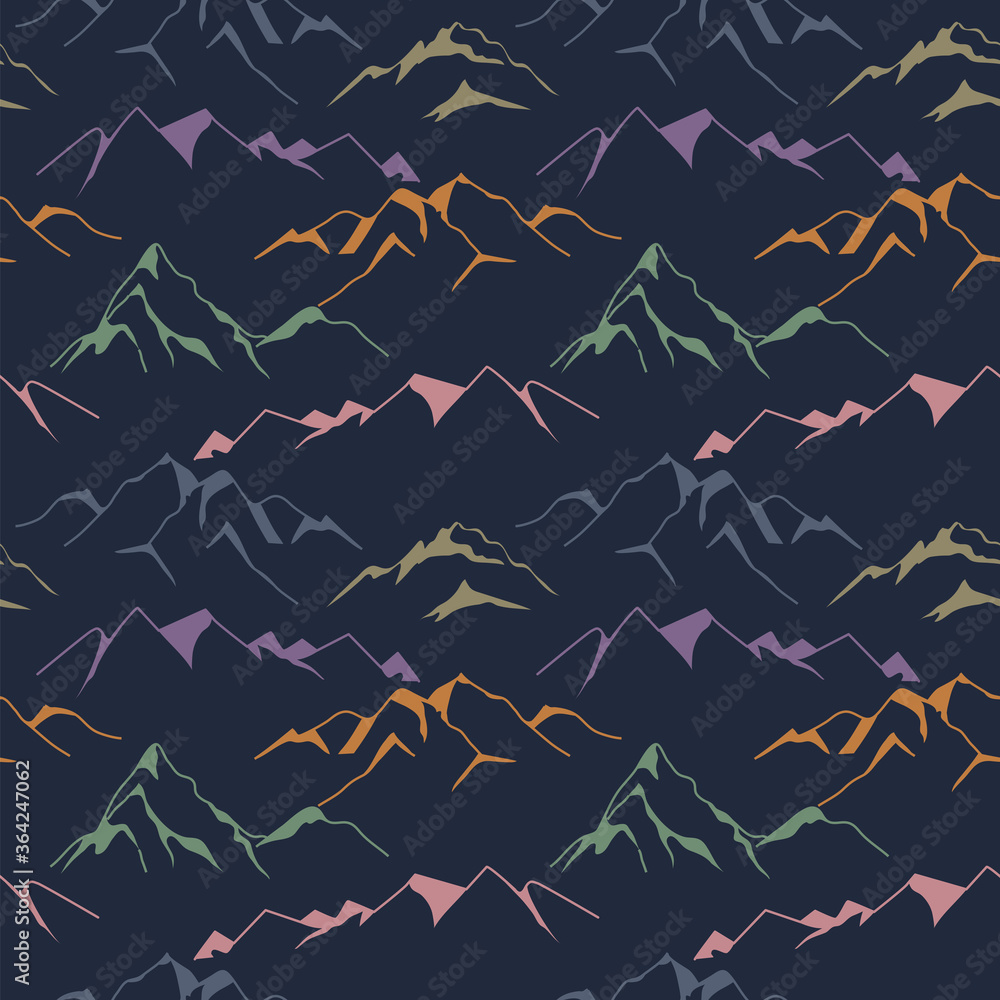 Mountain seamless pattern at night in retro colors