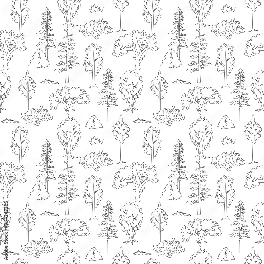 Trees seamless pattern in black and white. Colored page background. Linear illustration