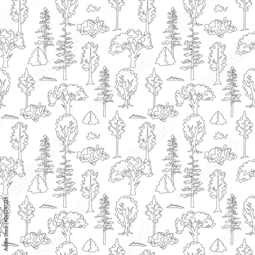Trees seamless pattern in black and white. Colored page background. Linear illustration