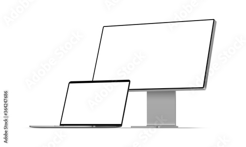 Modern desktop PC and laptop mockup with blank screens isolated on white background, perspective view. Vector illustration