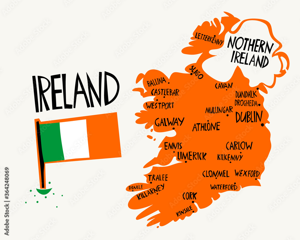 Vector hand drawn stylized map of Ireland. Travel illustration of