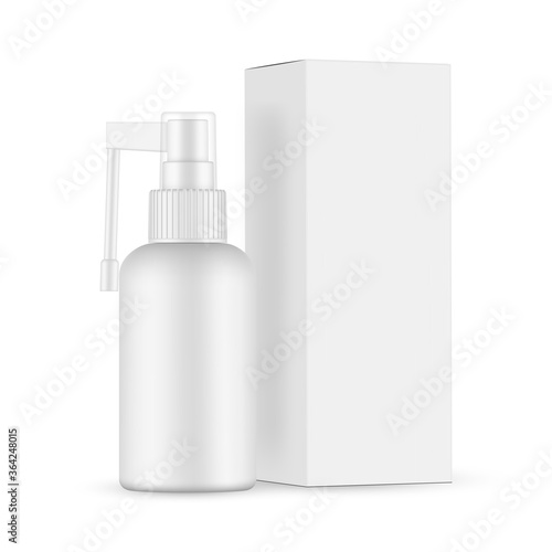 Spray throat bottle mockup with paper box side view, isolated on white background. Vector illustration