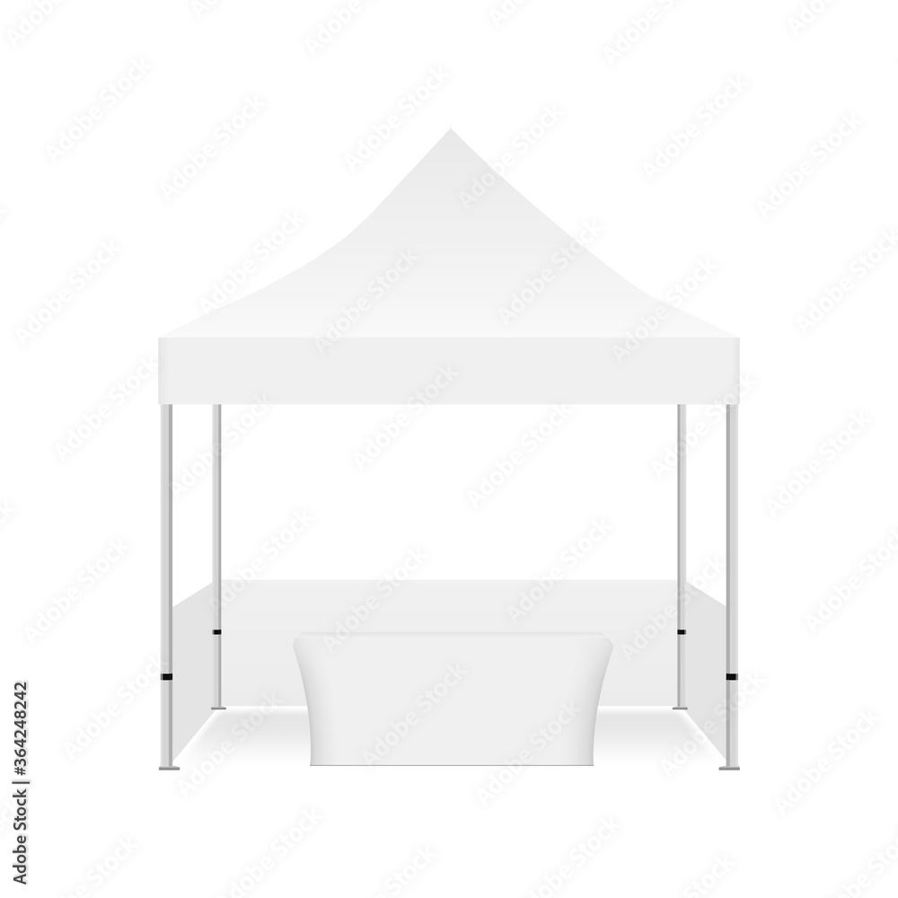 Outdoor commercial trade show canopy tent with demonstration table, isolated on white background, front view. Vector illustration