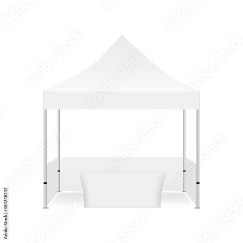 Outdoor commercial trade show canopy tent with demonstration table, isolated on white background, front view. Vector illustration