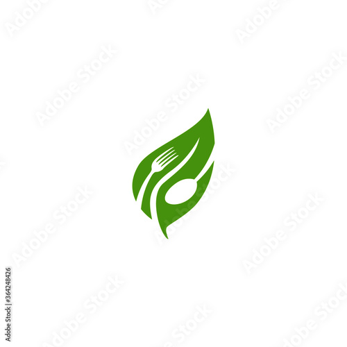 Healthy food logo template. Organic food vector design. Fork, spoon and leaves