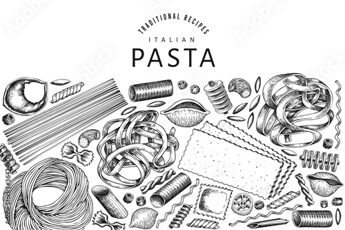 talian pasta design template. Hand drawn vector food illustration. Engraved style. Retro pasta different kinds background.