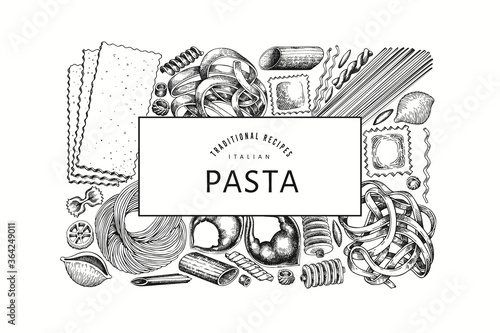talian pasta design template. Hand drawn vector food illustration. Engraved style. Retro pasta different kinds background.
