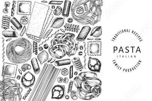 talian pasta design template. Hand drawn vector food illustration. Engraved style. Retro pasta different kinds background.