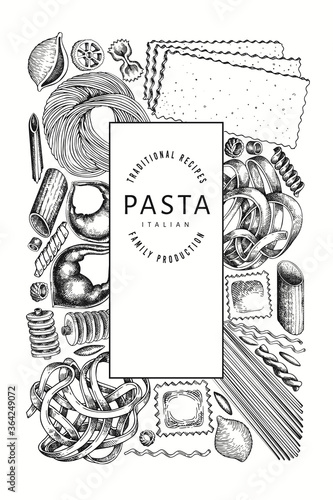 talian pasta design template. Hand drawn vector food illustration. Engraved style. Retro pasta different kinds background.