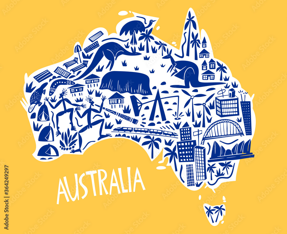 Vector hand drawn stylized map of Australia. Travel illustration of ...