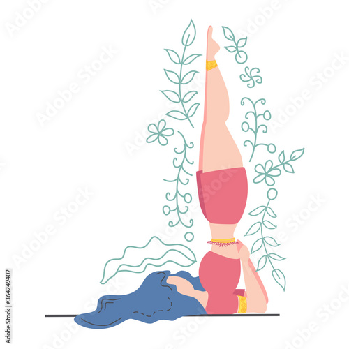 Woman in the pose of the Queen of Asanas - Sarvangasana. Yoga, concept of meditation, health benefits for the body, control of the mind and emotions.