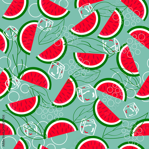 Watermelon, ice and leaves. Vector pattern on a blue background. Summer drawing.
