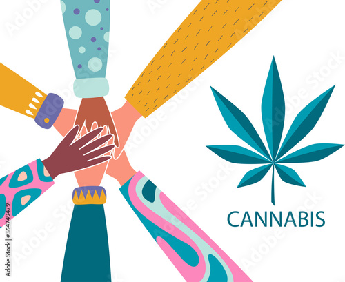 Cannabis. Template landing page. Group people putting hands together. The concept of treating diseases with hemp.Vector illustration.