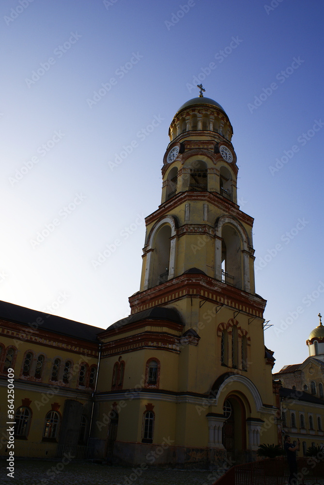 Obraz premium New Athos monastery, temple, medieval building, faith.