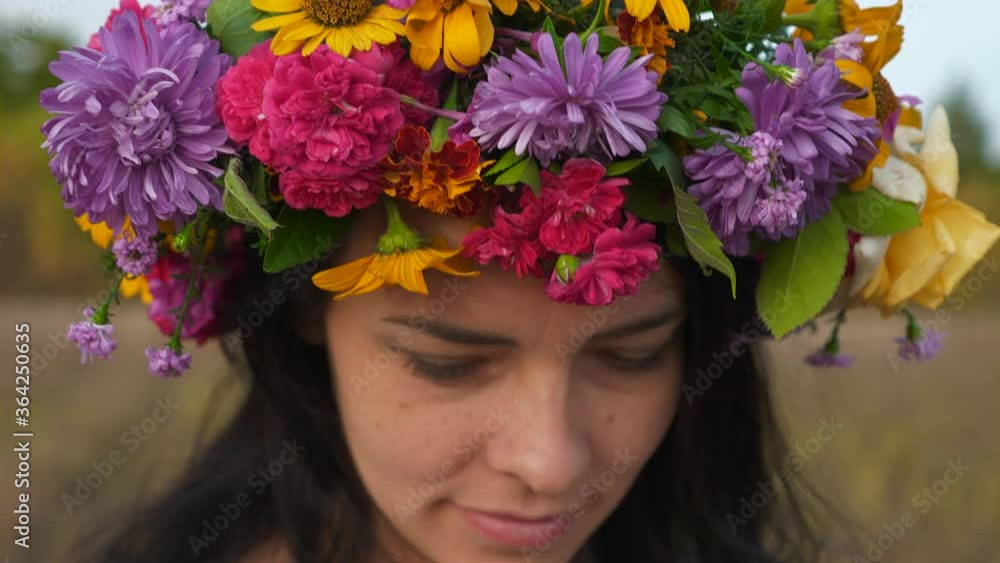 Beautiful Woman Opens Eyes and Finds out She Appeared in Field Dressed White Folk Dress Listening Musicians. Slow motion Beautiful Woman Opens Eyes and Finds out She Appeared in Field Dressed White Folk Dress Listening Musicians. Slow motion