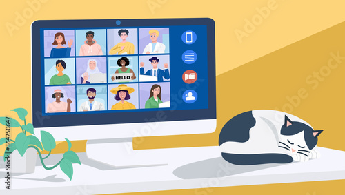 Video conferencing at home, Online conference with coworkers through a computer. Vector Illustration