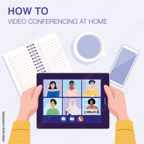 Top view of a man having video conference on tablet with his friends at home. Vector