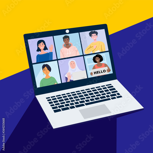 Online conference with friends through a laptop. Vector Illustration