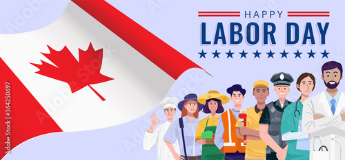 Happy Labor Day. Various occupations people standing with flag of Canada. Vector