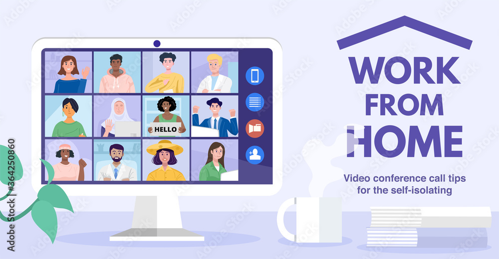 Video conferencing at home, Online conference with coworkers through a computer. Vector Illustration