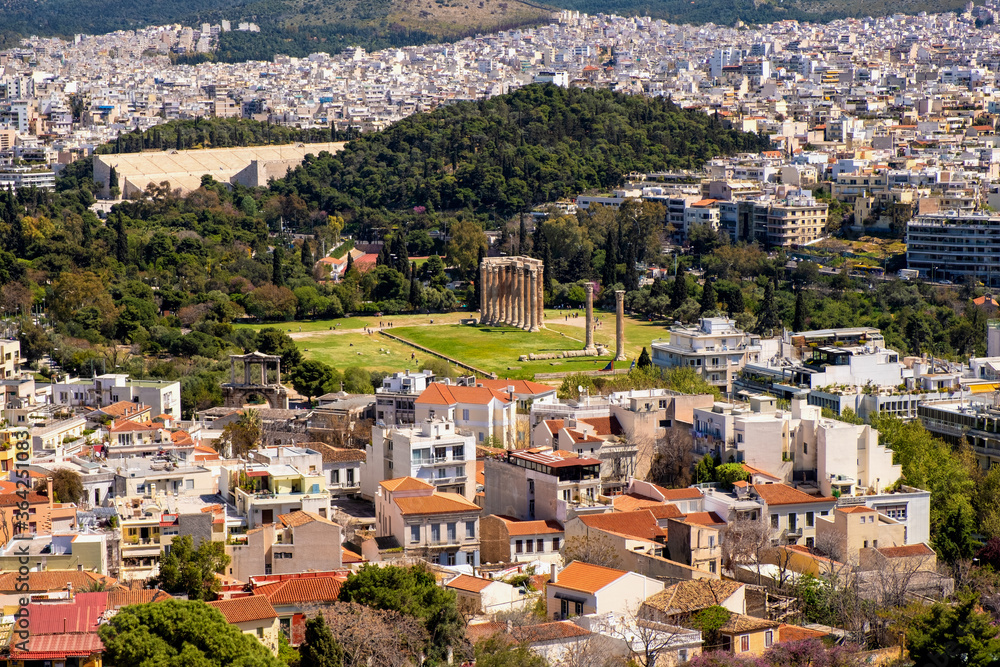 Panoramic view of metropolitan Athens with Temple of Olympian Zeus - Olympieion - seen from Acropolis hill in Athens, Greece