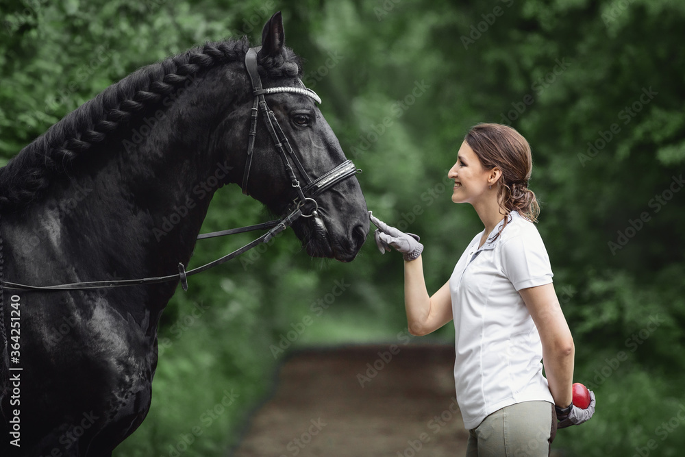 Obraz premium portrait of beautiful young woman standing near black friesian stallion in forest