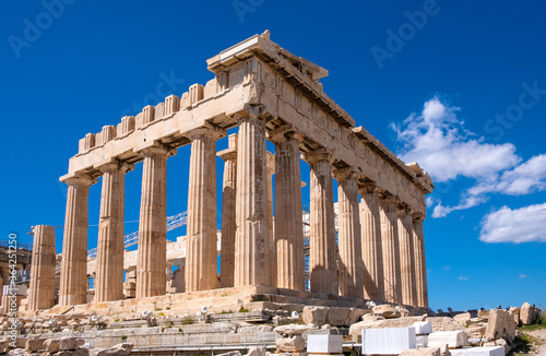 Panoramic view of Parthenon - temple of goddess Athena - within ancient Athenian Acropolis complex atop Acropolis hill in Athens, Greece