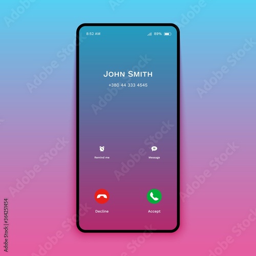 Smartphone call screen mockup. Mobile phone interface screen incoming call accept decline button. Vector illustration