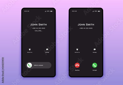 Mobile smartphone incoming call mockup. Phone interface screen accept decline button. Vector illustration