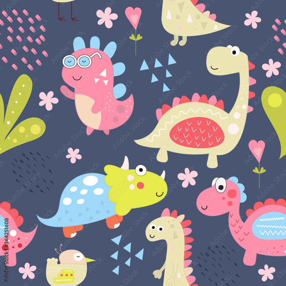 Seamless pattern with cute dinosaur and bird in scandinavian style. Vector Illustration. Kids illustration for nursery design. Dino style trendy for baby clothes, wrapping paper, packaging design.