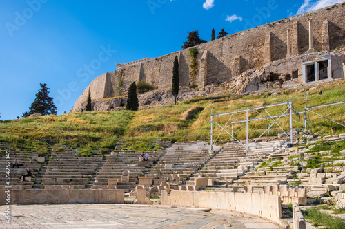 Panoramic view of Theatre of Dionysos Eleuthereus ancient Greek theater at slope of Acropolis hill in Athens, Greece