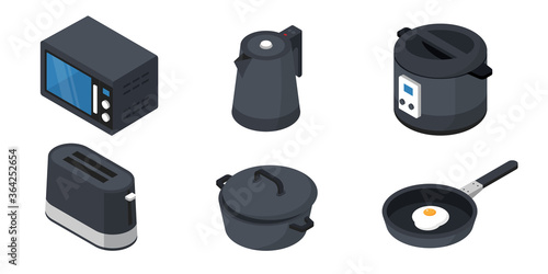 Collection of isometric kitchen utensils, Black color kitchenware isolated over white background. Vector graphic illustration.