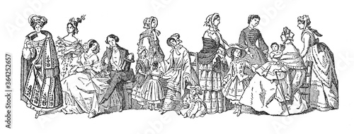 Quadro su tela Fashion history Collection from 1829 to 1869 / a big evolution in fashion/ Vinta