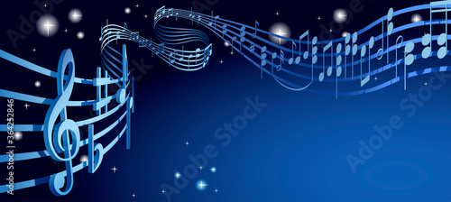 Musical notes on winding lines in dark  starry space