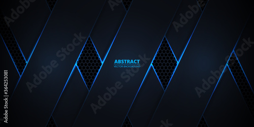 Dark abstract background with blue luminous lines and highlights on hexagonal carbon fiber. Technology, futuristic, sport, modern, luxury abstract background. Dark texture grid backdrop.