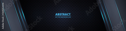 Dark gray carbon fiber background with blue luminous lines and highlights. Wide technology, modern, futuristic, luxury abstract background. Dark wide banner. Vector illustration EPS10.