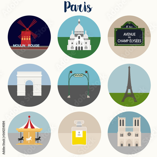 Paris flat design vector icons set