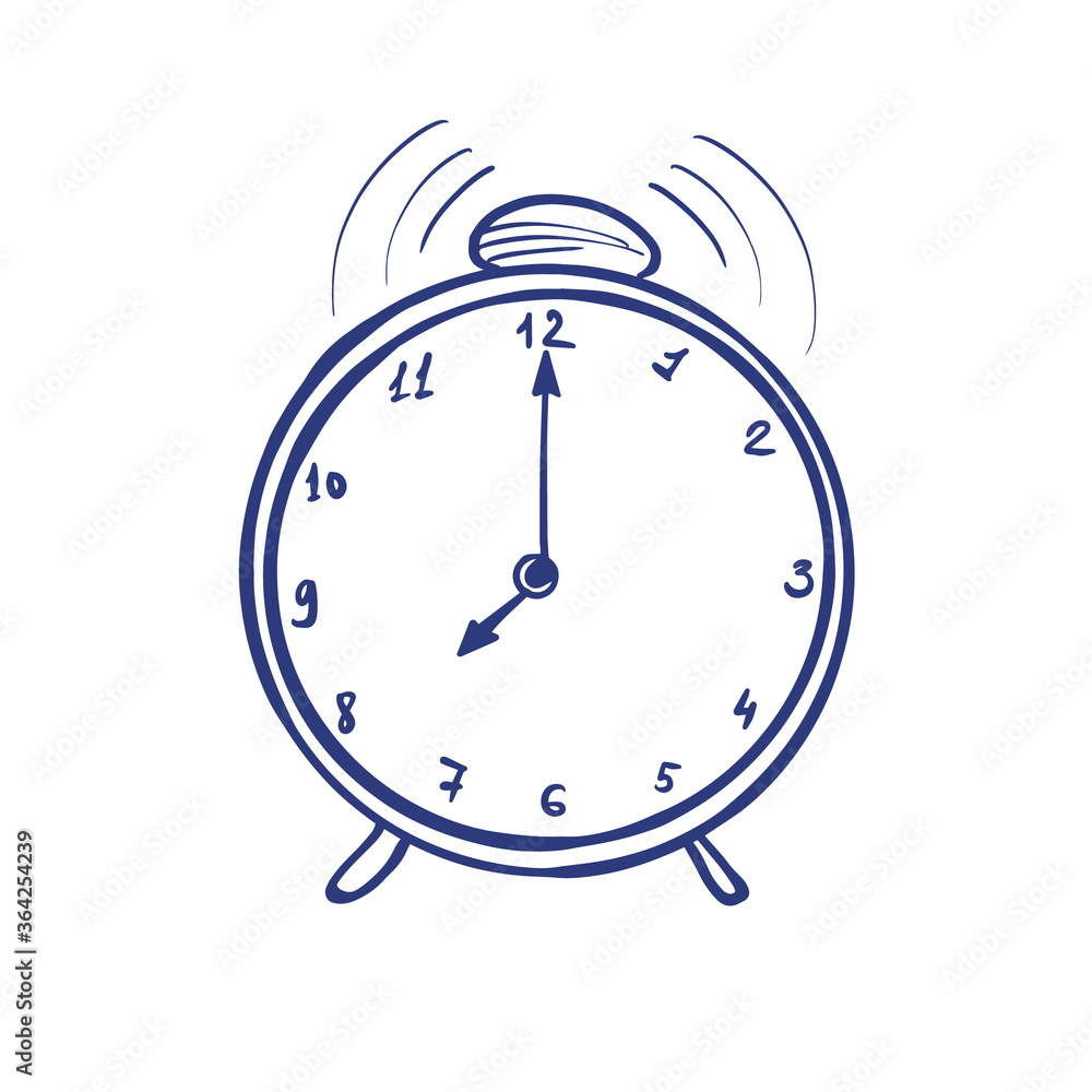 Contour illustration of an alarm clock. Vector illustration on a white isolated background. For a logo, for icons in social networks. Contour illustration of an alarm clock. Vector illustration on a white isolated background. For a logo, for icons in social networks.