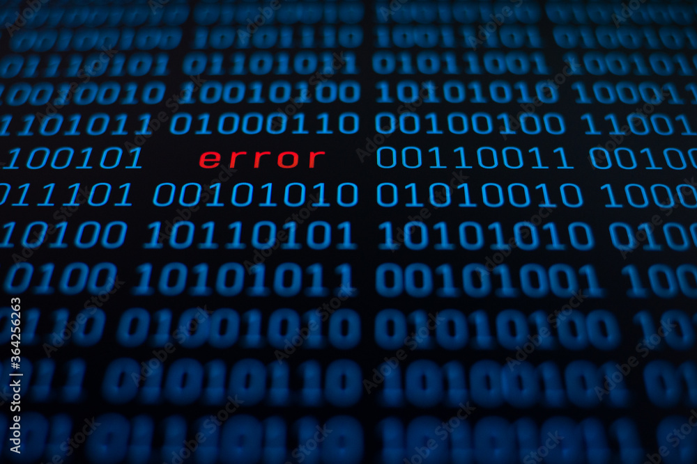 Binary code number background in blue on black screen and word error in ...