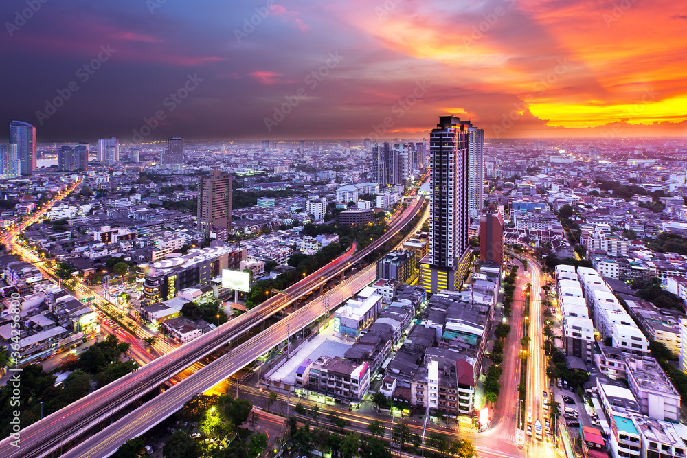 Bangkok Highway at Dusk with the light of sunset.