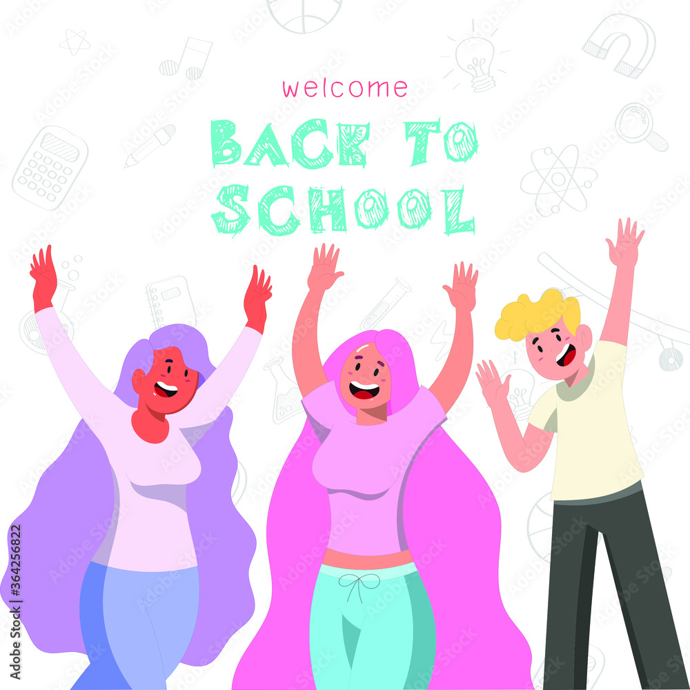 Back To School Three Teen Raise Their Hand Up Character Design