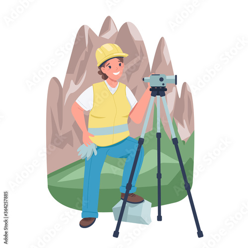 Woman land surveyor near mountains flat color vector detailed character
